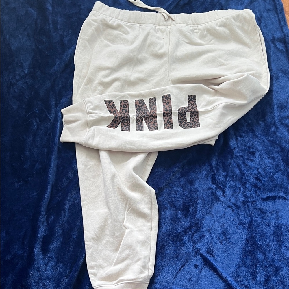 PINK Victoria's Secret Cream Jogger Sweatpants with Leopard Logo